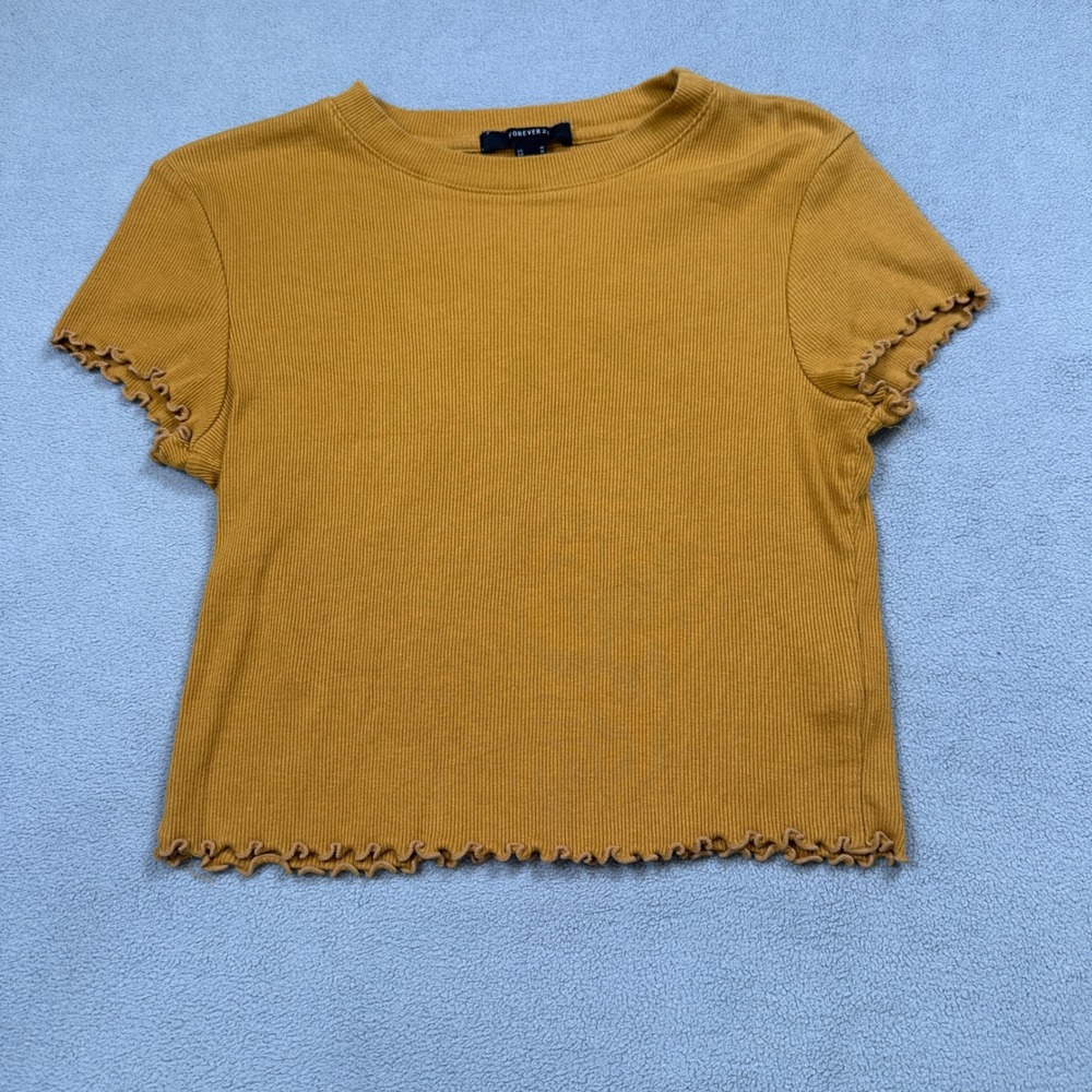 FOREVER 21 Top Women's M Mustard Yellow Ribbed Lettuce Trim Cropped T-Shirt